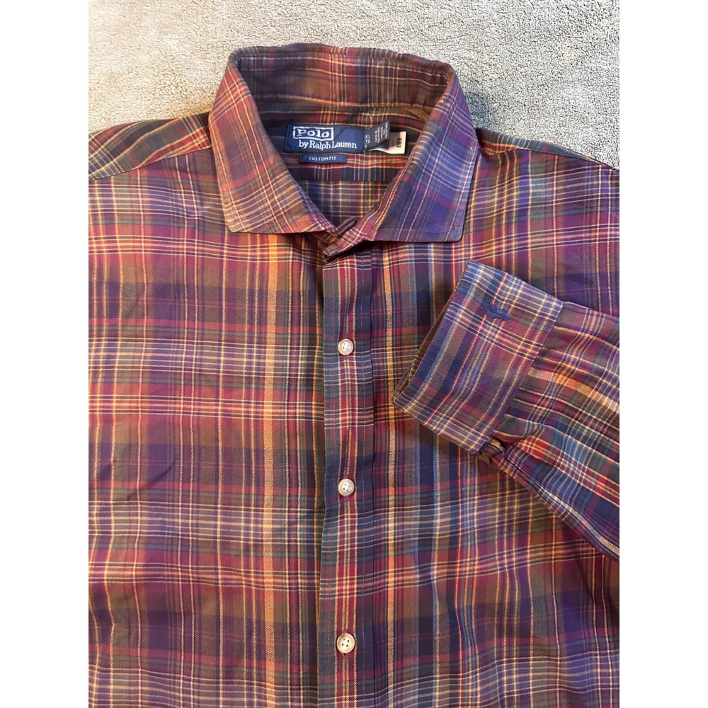 Polo Ralph Lauren Mens XL Custom Fit Plaid Button Down Shirt Purple Red Gold